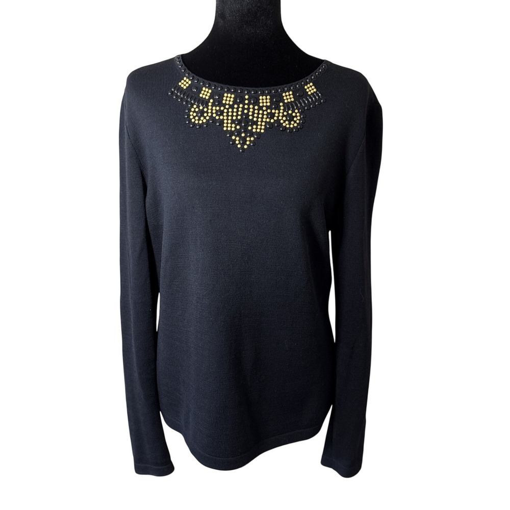 St. John Sport Women's Black Gold Knit Sweater Beaded Wool Blend Medium